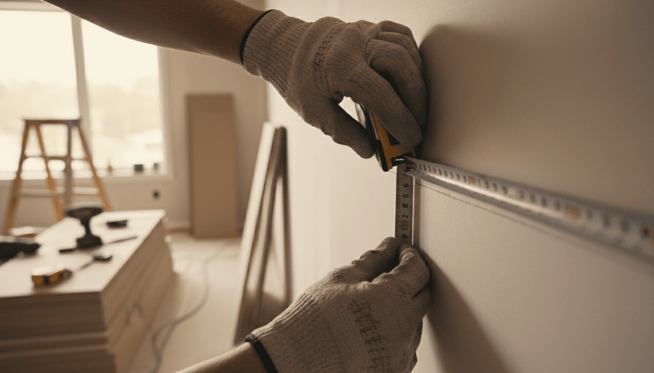 Skilled tradesperson measuring interior wall during residential renovation