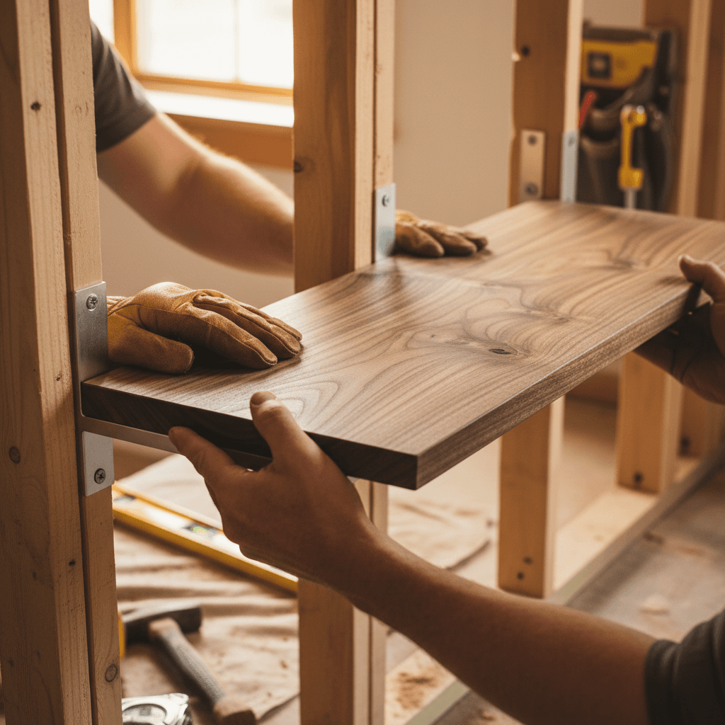 Custom wooden shelf installation and carpentry work