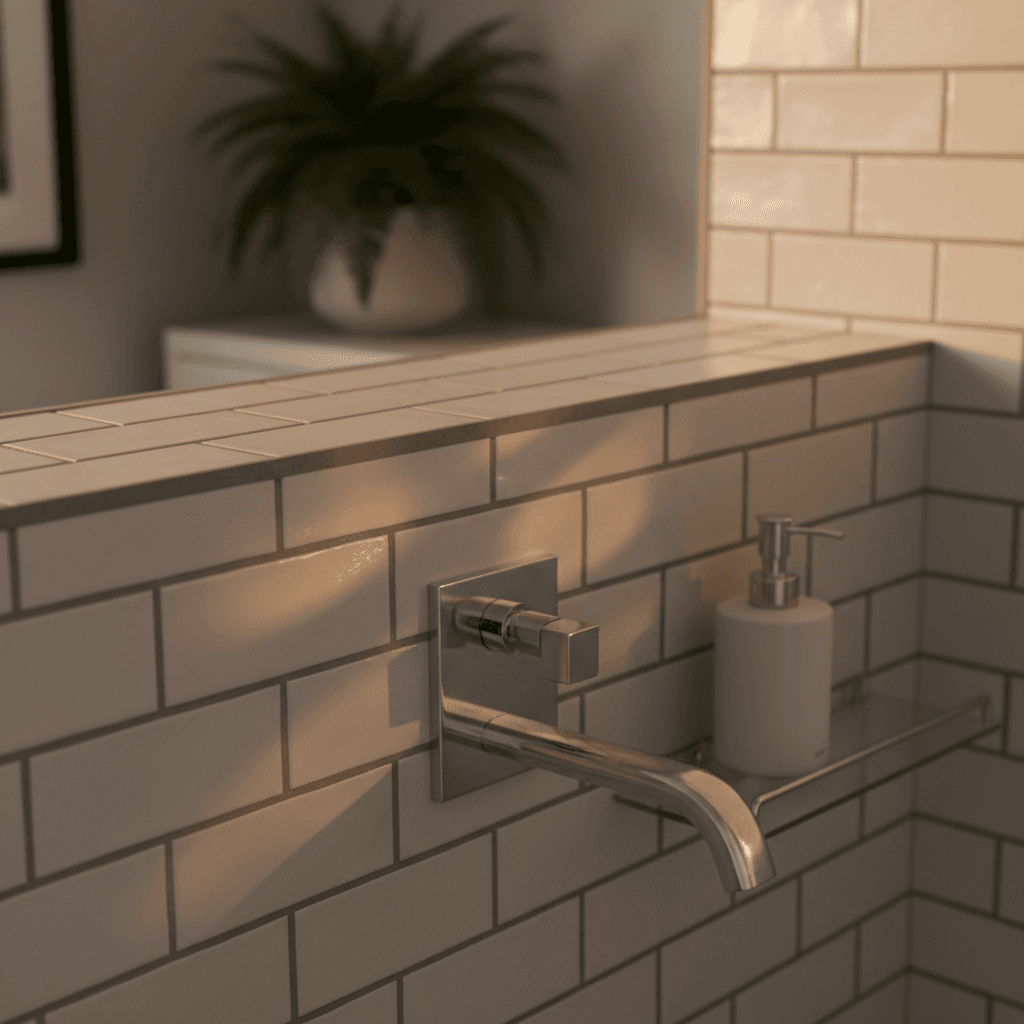 Bathroom tile detail and shower fixture installation