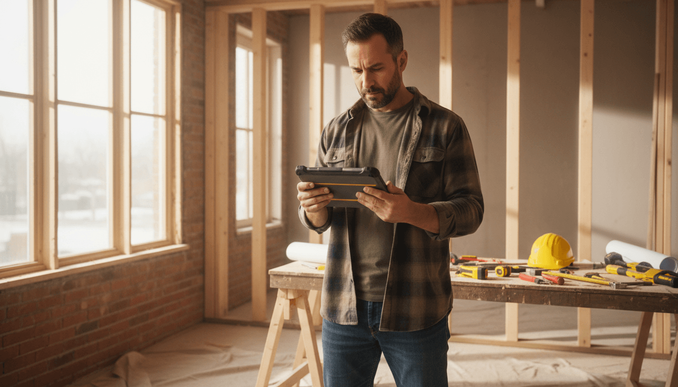 Builder reviewing renovation plans on tablet in residential renovation space