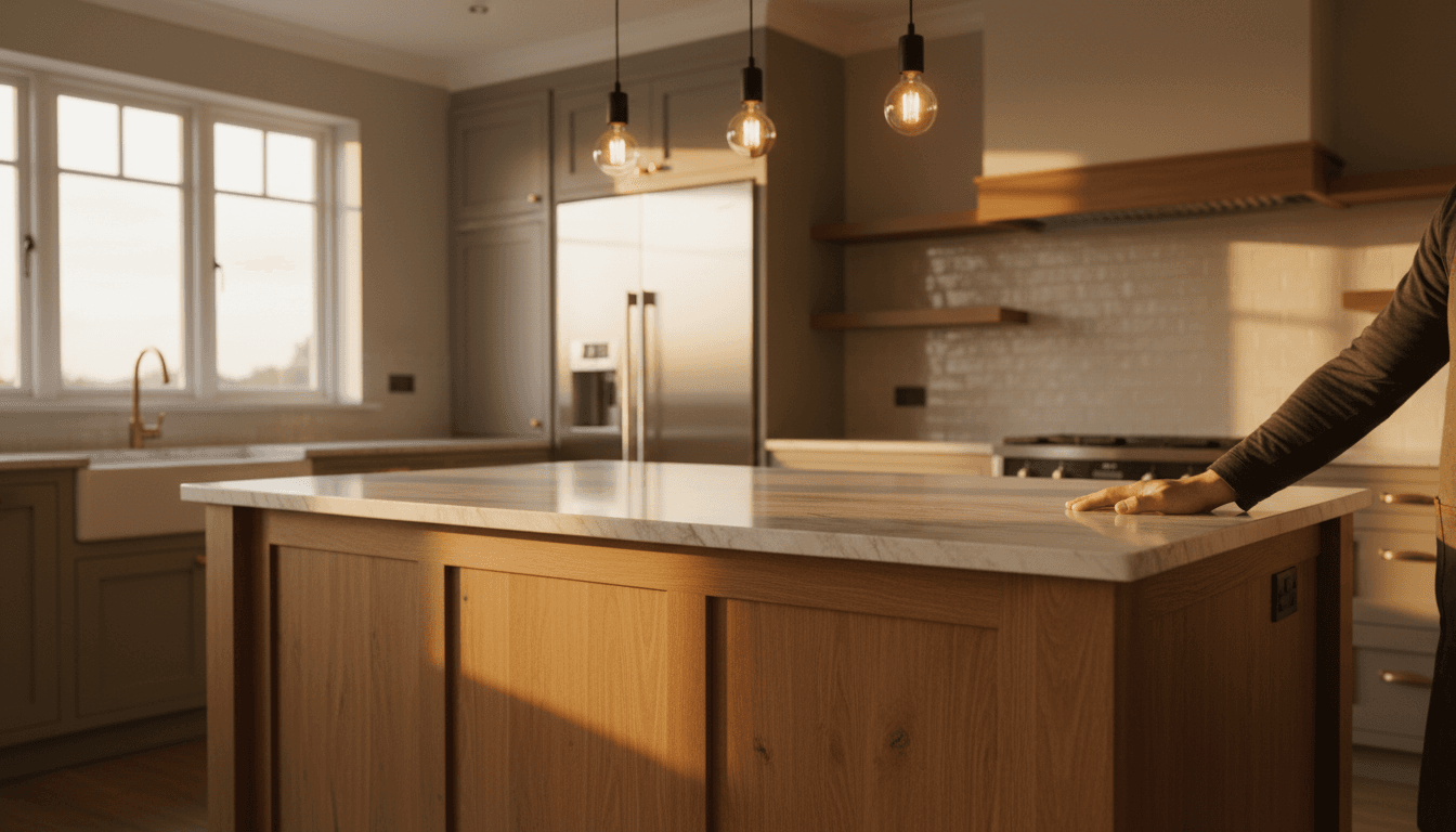 Modern kitchen renovation with warm wood cabinetry and stone countertop