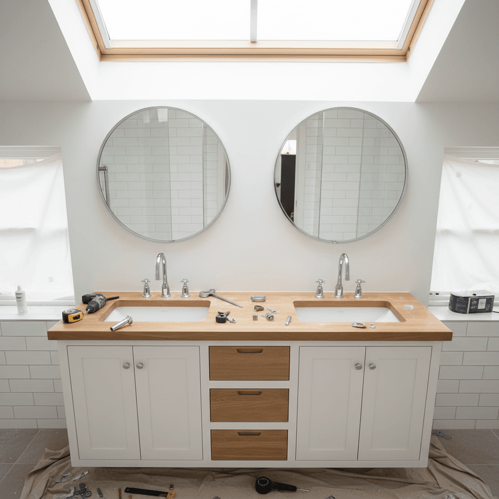 Bathroom vanity installation and new fixtures
