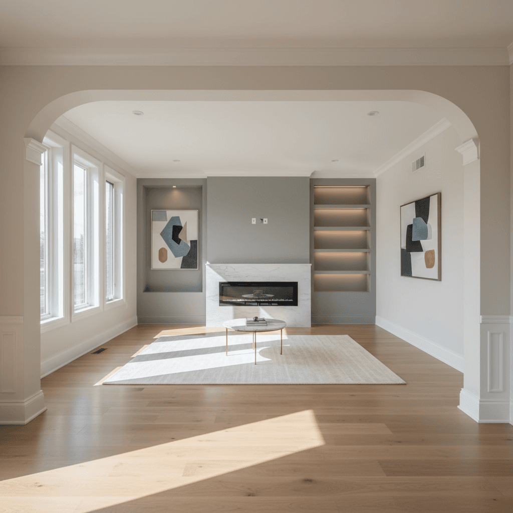 Living room renovation with fresh paint and new flooring