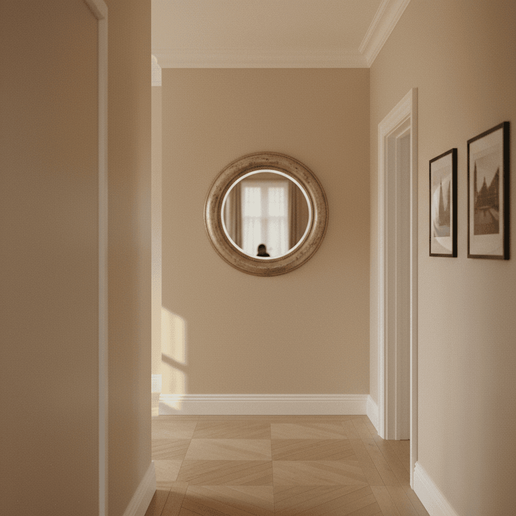 Interior hallway renovation with fresh walls and trim